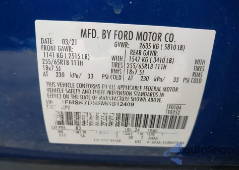 2021 Ford Explorer Xlt z USA, uszkodzony, nr VIN 1FMSK7DH5MGB12409